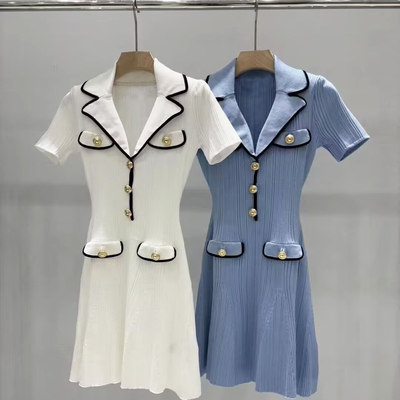 高级感翻领小香风针织短袖连衣裙