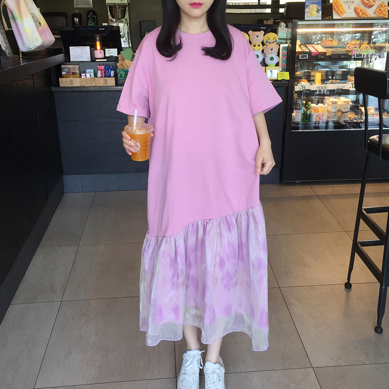 2025夏季韩版大码女装宽松中长款短袖T恤裙拼假两件接网纱连衣裙