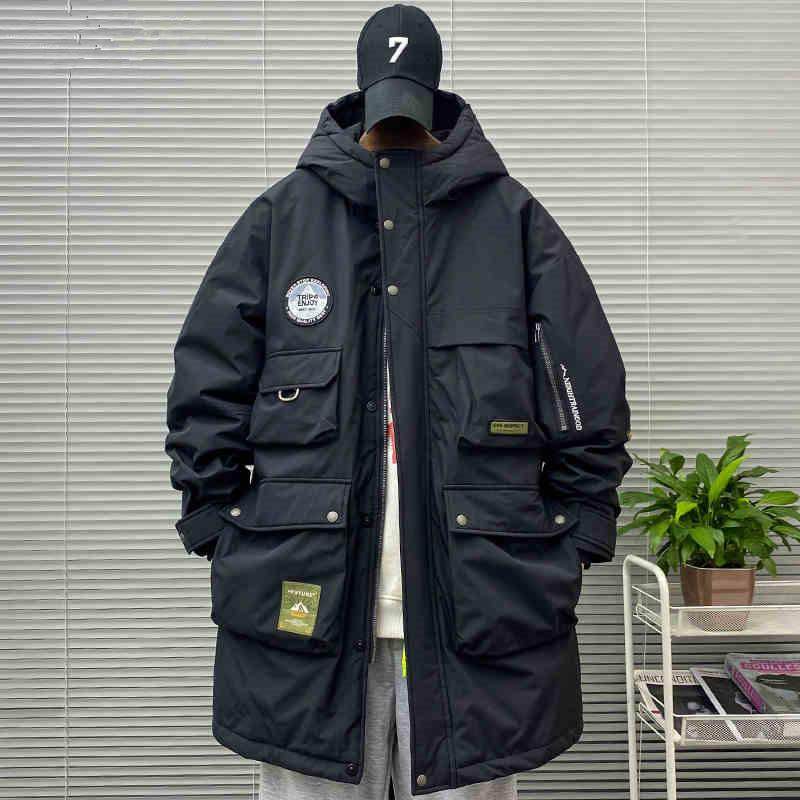 机能风多口袋工装羽绒服男潮牌冬季加厚大码宽松中长款白鸭绒外套