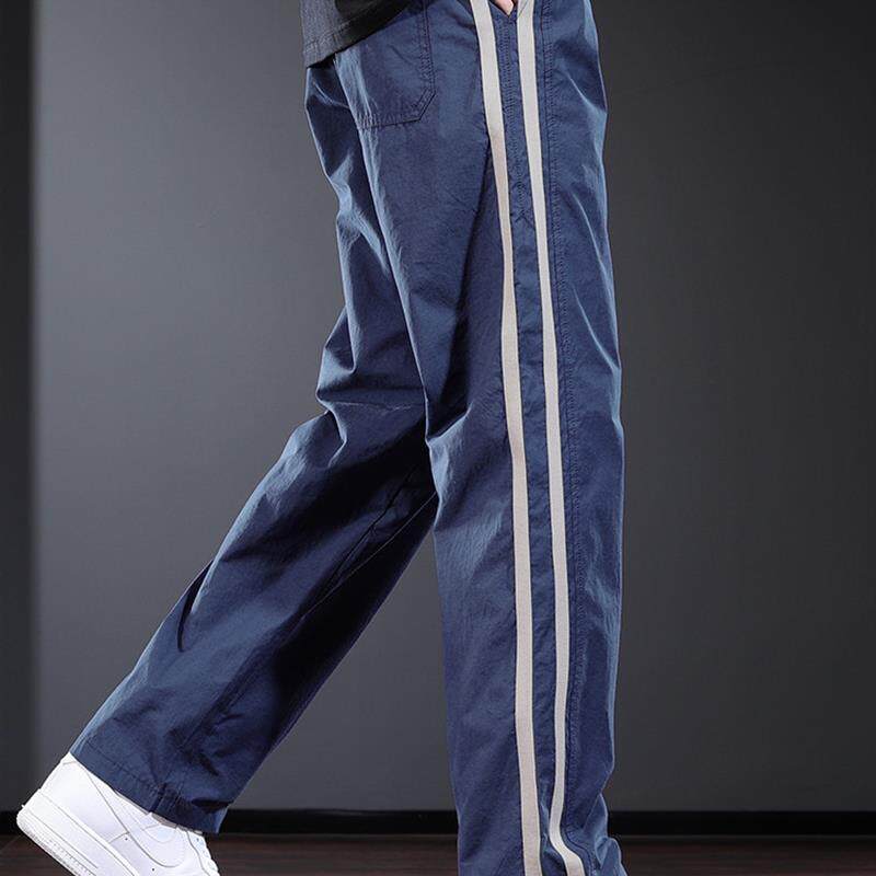 测边条纹休闲裤男夏季薄款个性设计感宽松直筒长裤潮牌蓝色男裤子
