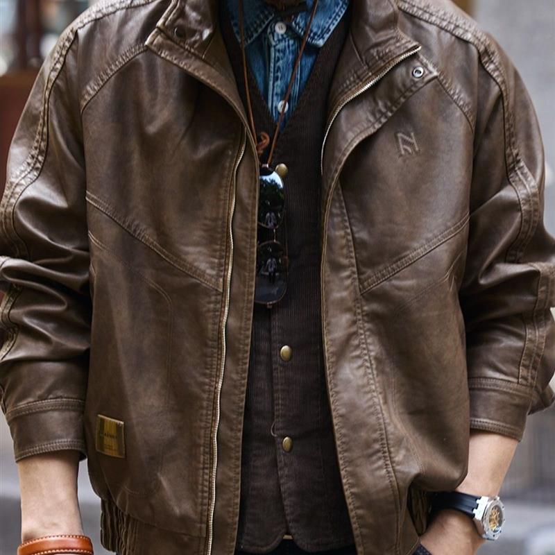 格蓝鹿美式覆古高级感做旧PU皮衣男士秋季新款翻领机车皮夹克外套