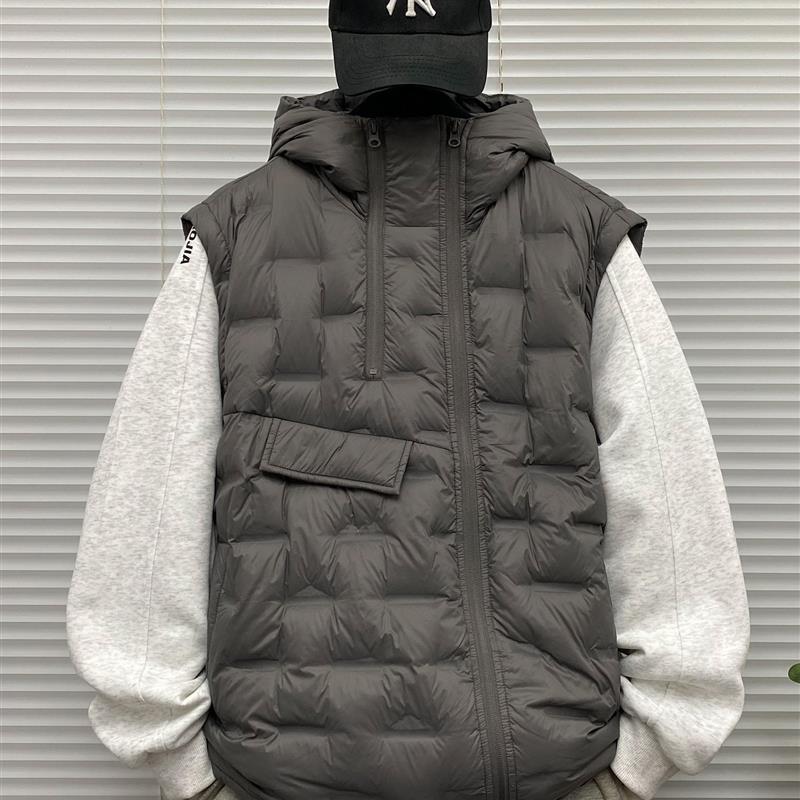 不对称格子连帽羽绒马甲男士冬季装大码青少年保暖无袖坎肩外套潮