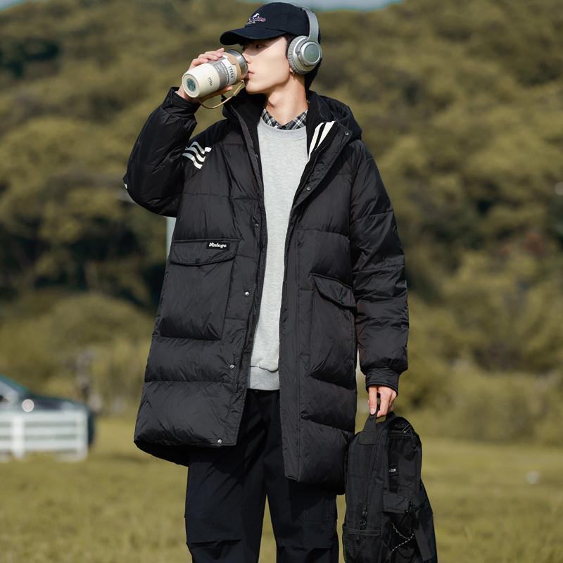 羽绒服男士中长款2025年冬季新款条纹连帽宽松潮牌保暖休闲外套