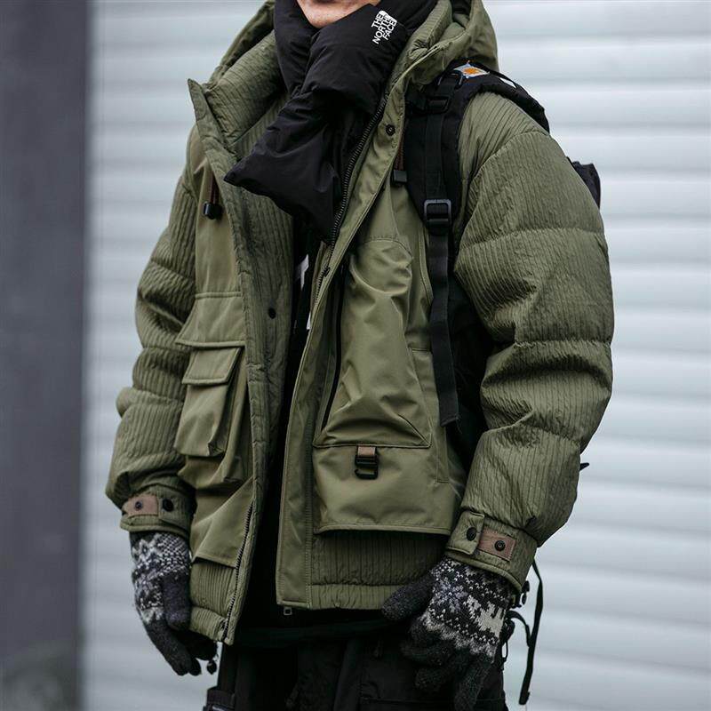 冬季户外拼接设计感工装连帽羽绒服男潮牌宽松大码情侣白鸭绒外套