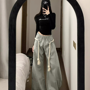 直筒拖地裤 女宽松休闲街舞卫裤 子 复古廓形阔腿弯刀灰色运动裤 美式