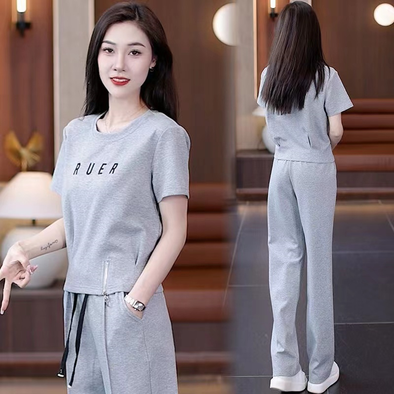 时尚休闲运动服套装女夏季2024新款洋气短款上衣阔腿裤显瘦两件套