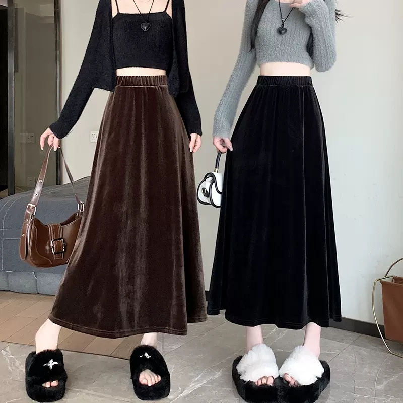 复古秋冬丝绒半身裙高腰大摆伞裙