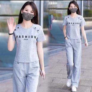 阔腿裤 时尚 显瘦洋气质减龄短袖 休闲套装 运动服两件套潮牌 女士夏装