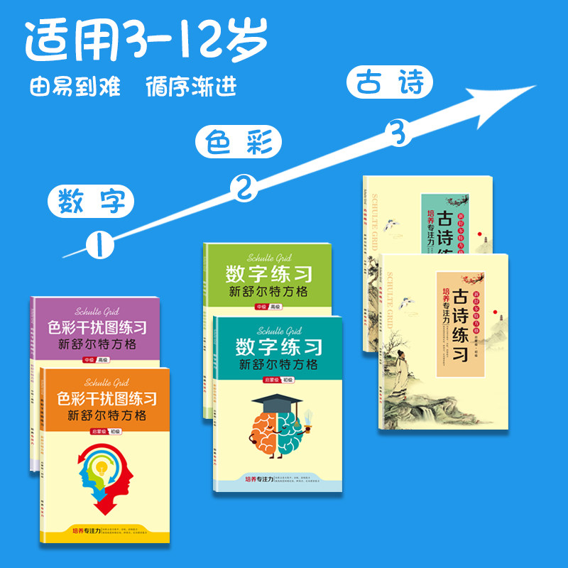 舒尔特方格专注力训练表6岁一年级提升注意力法神器教具色彩干扰