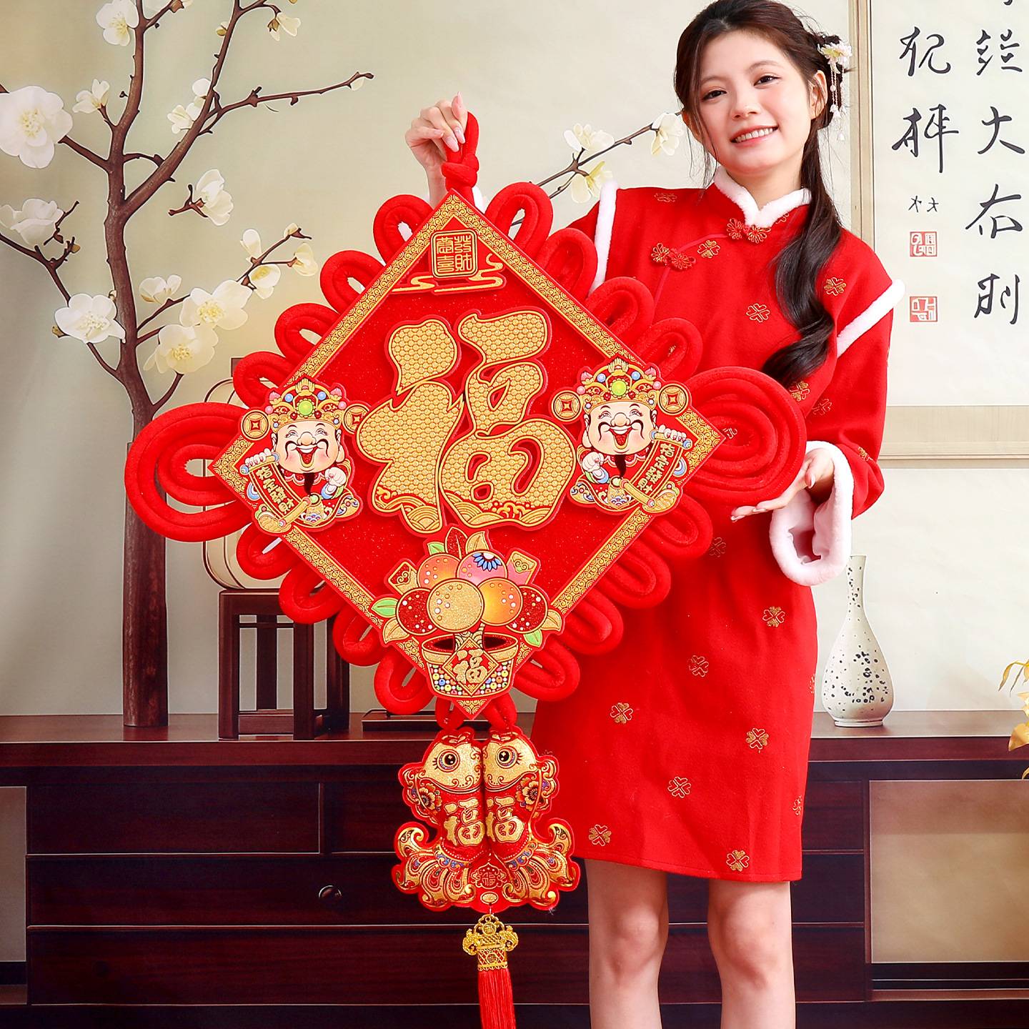 财神中国结挂件财神立体福字新年乔迁新居招财客厅电视背景墙装饰