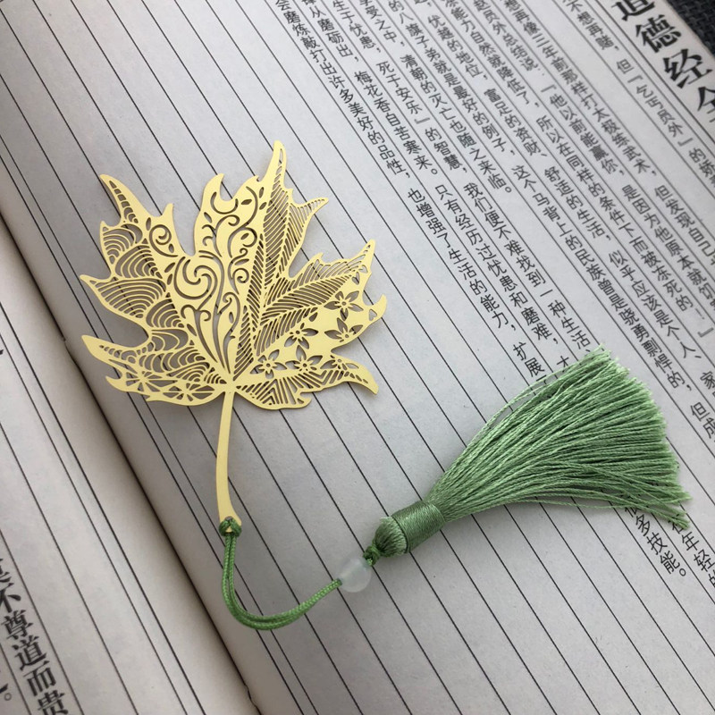 枫叶黄铜书签创意小清新学生用叶脉金属中国风古典流苏叶子礼品