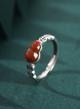 小葫芦钱币银戒指饰品新款925纯银女南红玛瑙复古做旧戒子食指戒