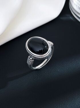 s925银玛瑙设计小众椭圆形经典指环款大蛋面欧美风戒指女首饰黑