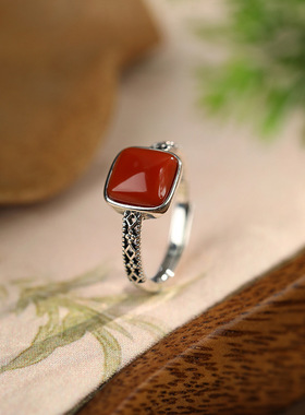 祥云红玛瑙戒指S925银四方女手饰几何女板指环优雅开口