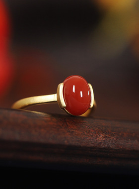 s925纯银戒指南红玛瑙时尚女士饰品镀金椭圆蛋面跨境配饰手饰