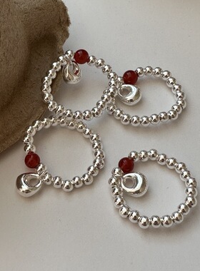 S925纯银韩版秤砣红玛瑙戒指新中式设计感简约新年款指环