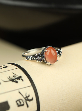 经典四爪食指女泰银做旧水红玛瑙小花指环复古花草彩色宝石饰品