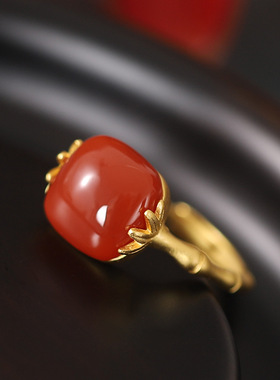 S925纯银镀金南红玛瑙复古个性竹节竹叶开口女士戒指指环