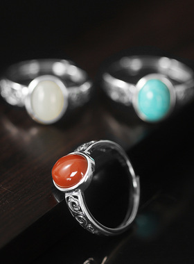 S925银复古时尚银饰指环创意浪花纹设计镶蛋面石3色女款戒指