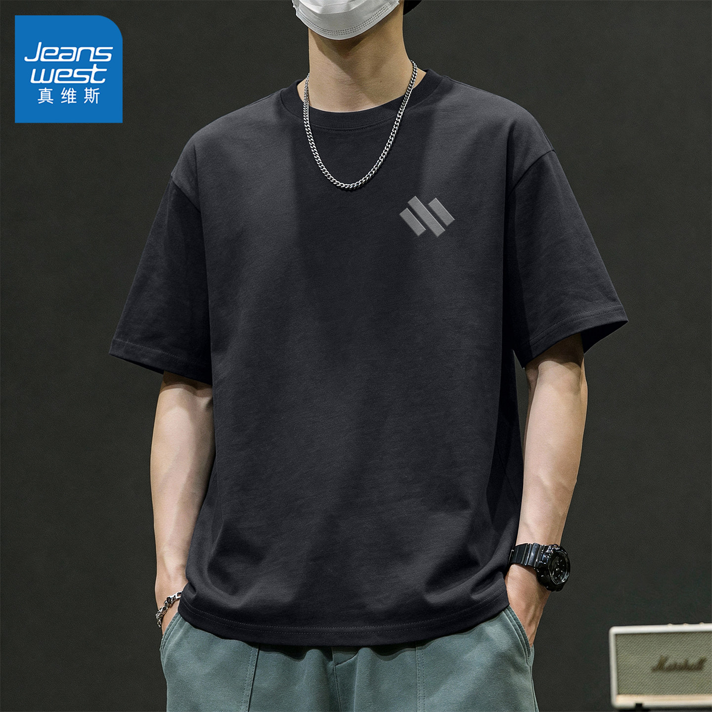 真维斯男士短袖t恤2026新款纯棉半袖男款夏薄款透气黑色上衣男L