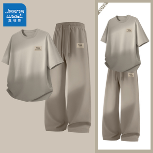 真维斯男款休闲套装青少年夏季薄款防晒短袖男士运动速干裤子男y