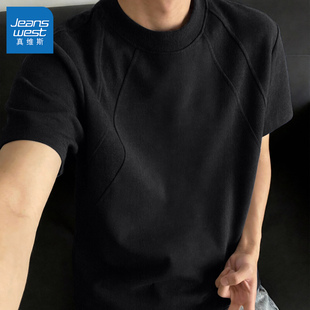真维斯黑色t恤男款短袖美式高街半袖男青少年夏季重磅男士上衣Q