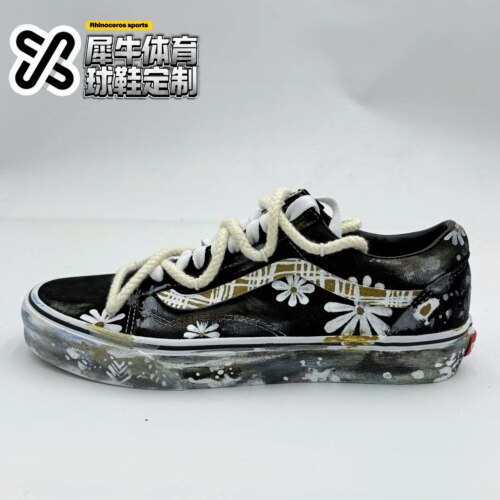 【定制球鞋】Vans Old Skool 复古雏菊 手绘 黑白色 VN000D3HY28