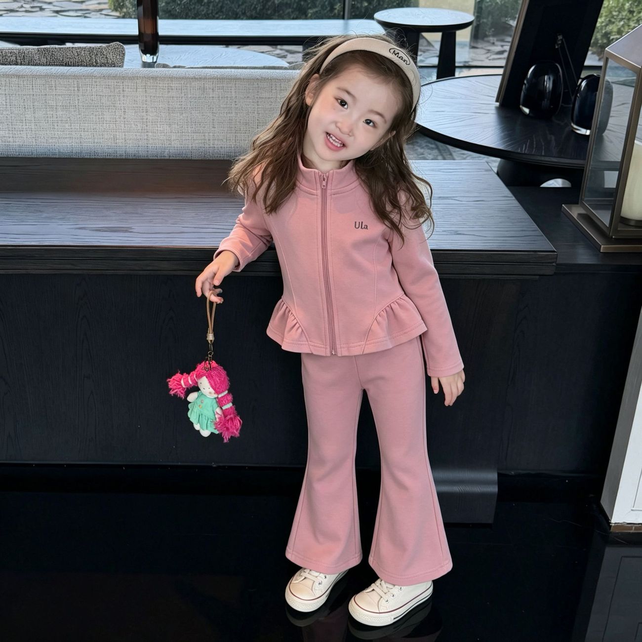 女宝运动套装2026春秋新儿童花边拉链开衫长袖外套微喇裤两件套潮