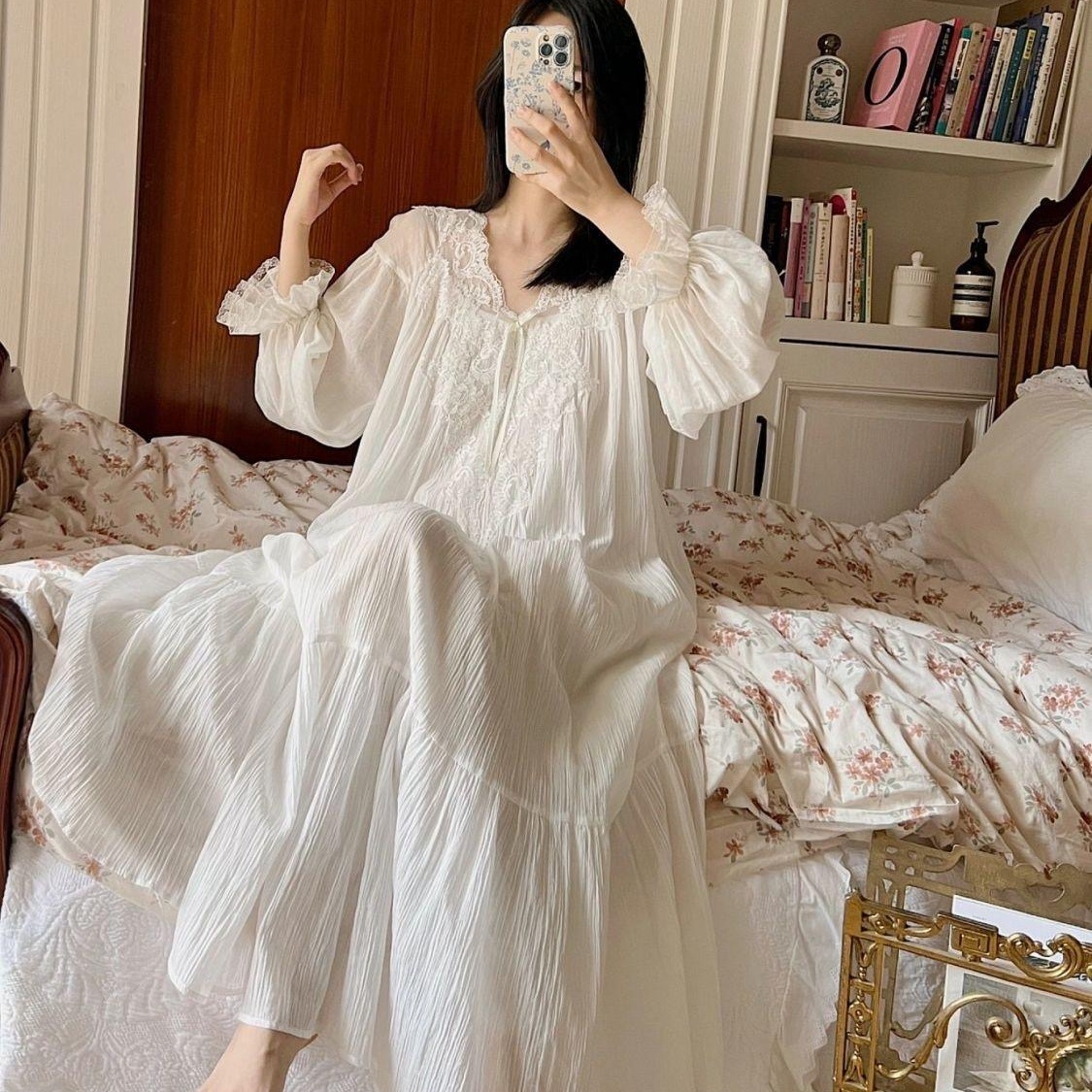 法式宫廷甜美公主风睡裙女长袖春秋夏季高级感蕾丝花边睡衣连衣裙