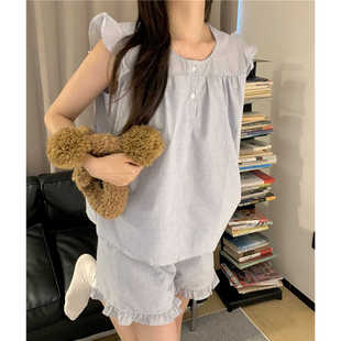无袖 短裤 薄款 韩版 甜美家居服两件套装 款 飞飞袖 条纹背心睡衣女夏季