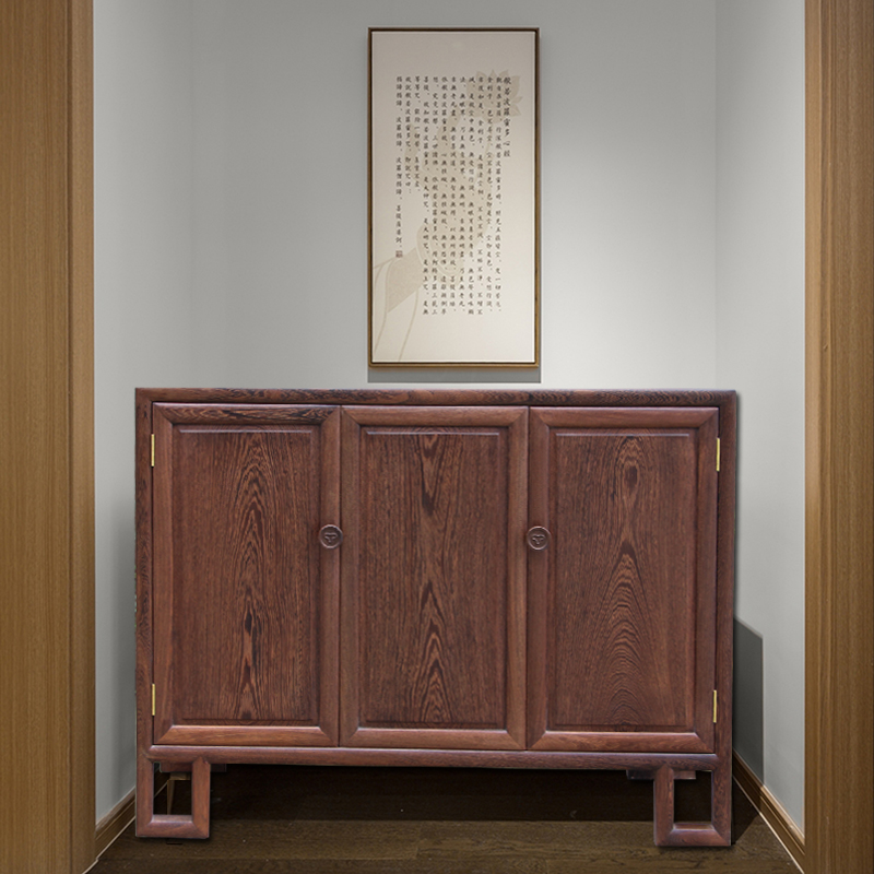 中式餐边柜新中式储物柜鸡翅木红木玄关柜全实木一梯一户门口鞋柜