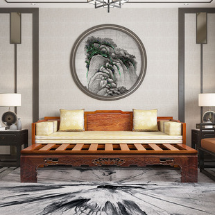 中式 红木罗汉床花梨木小户型实木新中式 推拉伸缩床定制沙发床两用