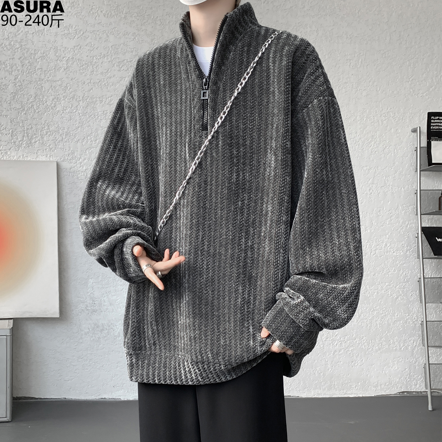 半拉链设计感加绒卫衣男加肥加大码潮牌胖子宽松厚款立领秋冬外套