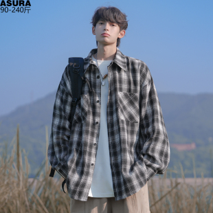 装 渐变格子长袖 潮流胖翻领宽松港风百搭春季 男加肥加大码 衬衣 衬衫