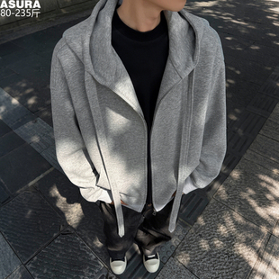 连帽抽绳卫衣420g重磅灰色开衫外套男女加肥大码宽松潮胖春装美式