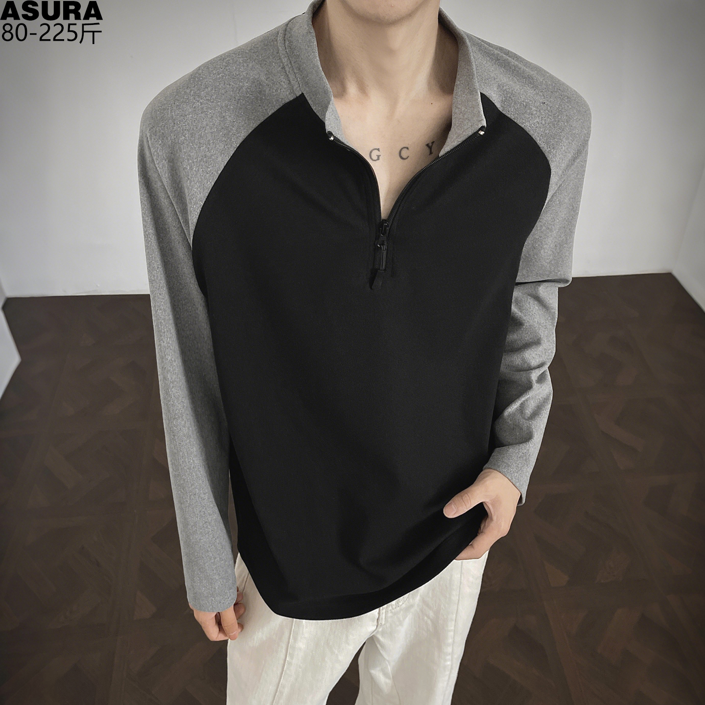 德绒撞色厚款长袖T恤男加肥加大码潮牌胖子宽松拉链秋冬装打底衫