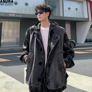 潮胖宽松外套秋街头痞帅短款 两件套男加肥大码 马甲夹衬衫 牛仔工装