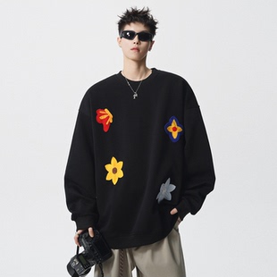 美式 潮胖子宽松设计感春秋 复古花朵刺绣重磅情侣卫衣男加肥加大码