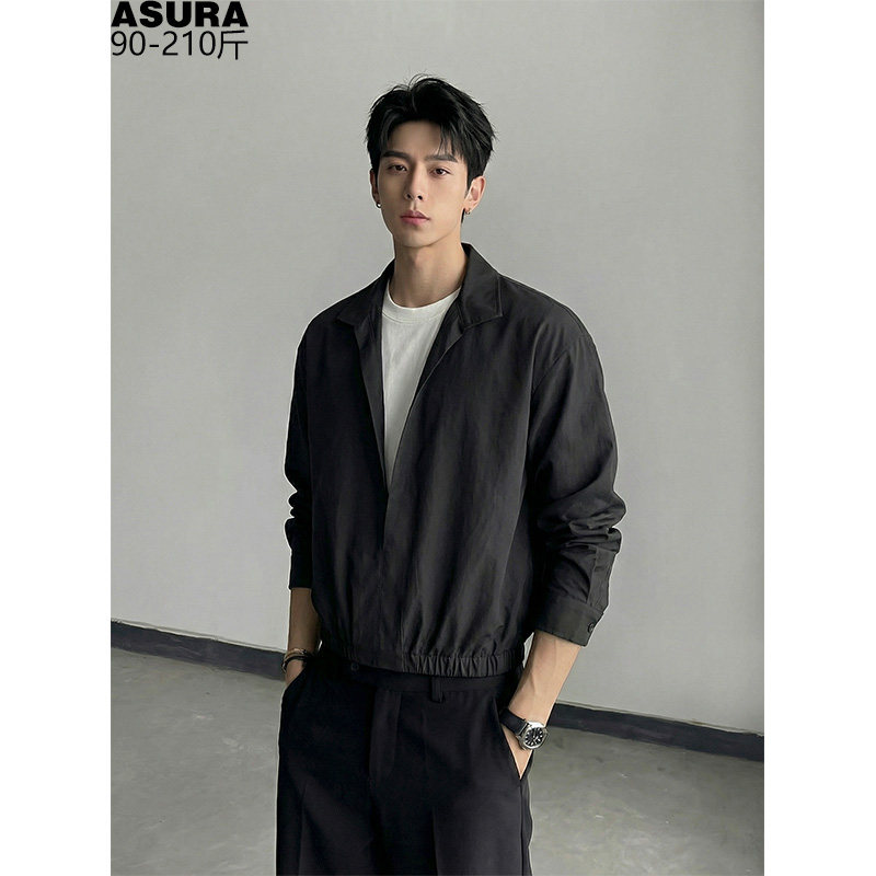 假两件纯棉短款韩系设计感长袖衬衫男加肥加大码潮流胖子宽松春夏