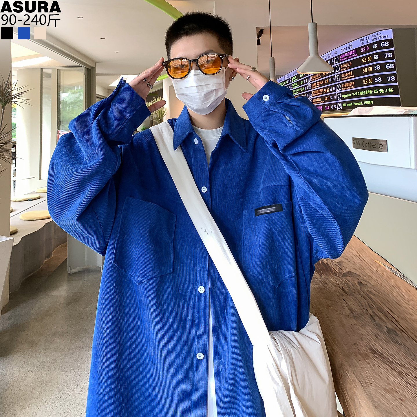 灯芯绒工装长袖衬衫寸衣男女加肥加大码潮牌胖宽松秋季厚外套蓝色