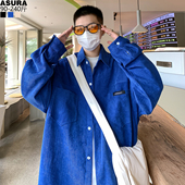 潮牌胖宽松春季 灯芯绒工装 寸衣男女加肥加大码 衬衫 厚外套蓝色 长袖