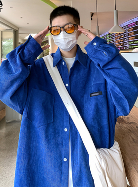 灯芯绒工装长袖衬衫寸衣男女加肥加大码潮牌胖宽松春季厚外套蓝色