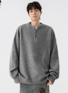 亨利领针织衫毛线衣男女加肥大码潮胖宽松外套秋装百搭简约老钱风