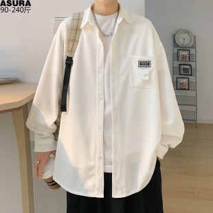 休闲简约2025春装 华夫格白色长袖 潮胖子宽松韩版 男加肥加大码 衬衫