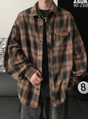 格纹长袖衬衫男加肥加大码潮流胖子宽松复古休闲上班简约春季外套