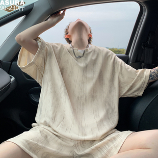 短袖 潮胖子宽松夏季 T恤套装 加肥大码 两件套 男短裤 扎染肌理五分袖