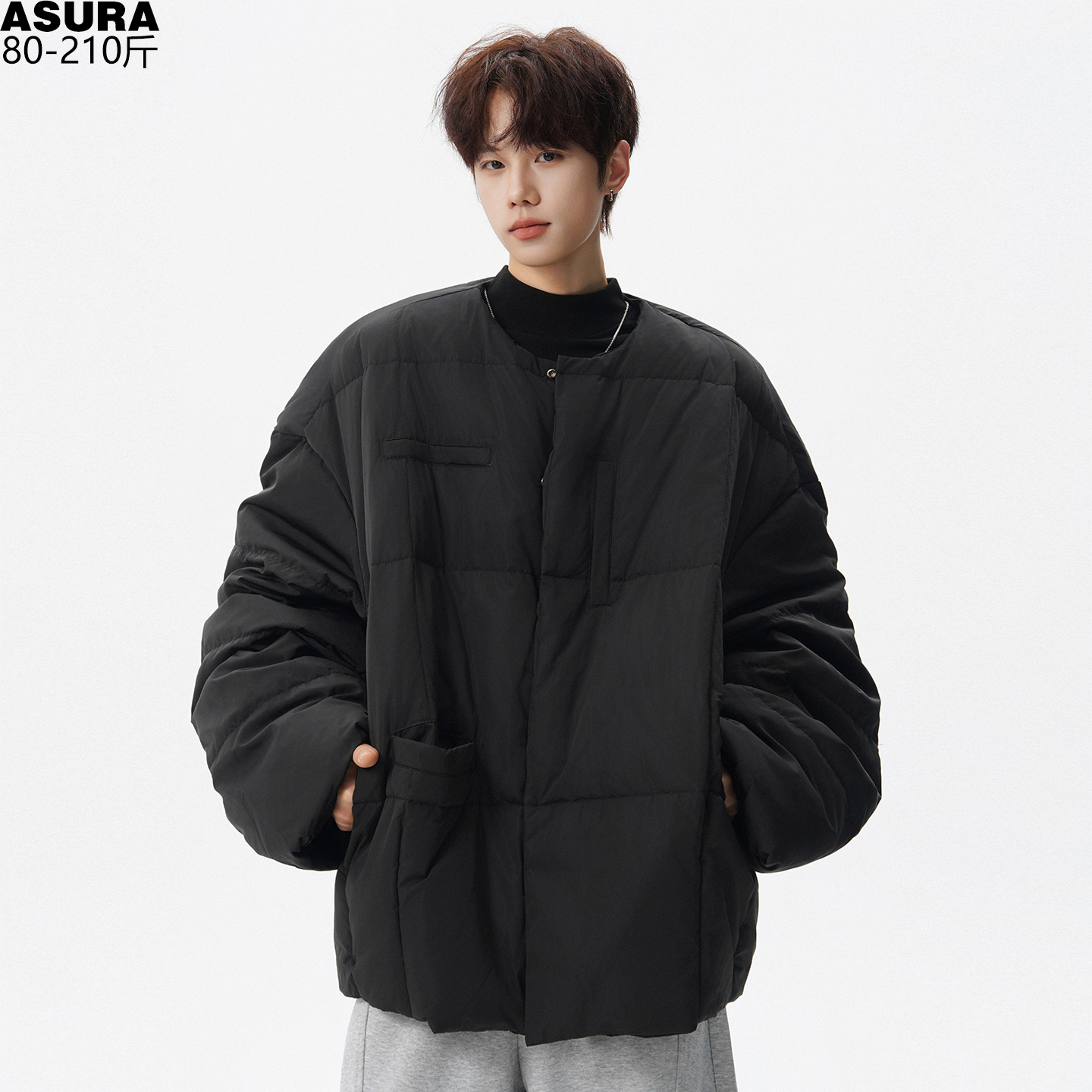 oversize无领短款厚羽绒服男女潮胖子宽松面包服冬装纯色百搭上衣