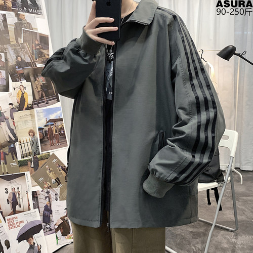 三条杠薄款夹克男外套加肥加大码春秋装宽松潮流胖子韩版运动青年 - 封面