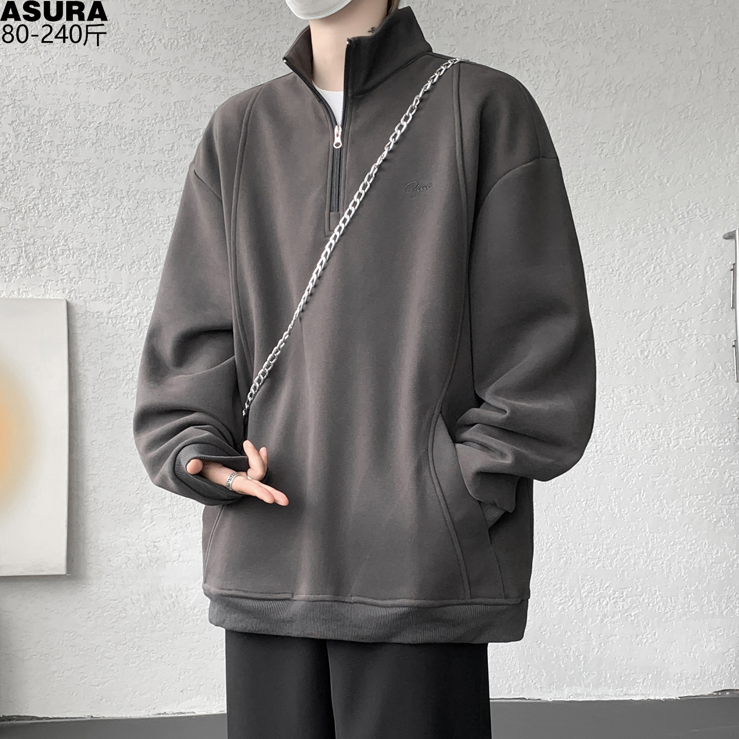 美式立领刺绣卫衣男加肥加大码潮胖子宽松美式半开衫春季新款内搭