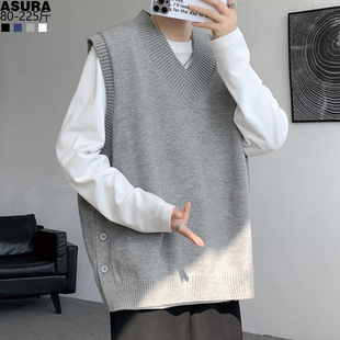 排扣开衩针织毛线衣背心马甲夹男加肥加大码 百搭叠穿 潮胖宽松秋装